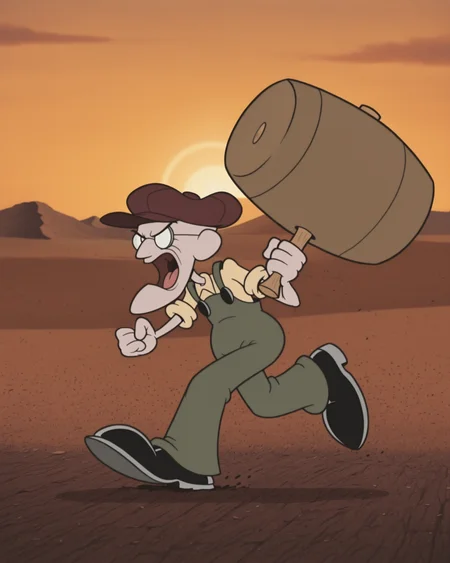 RetroXL, toon \(style\), flat color, Masterpiece, best quality, (close up), absurdres, highest quality, Eustace,  Bagge, green overalls, yellow shirt, grumpy expression, glasses, hat, (holding a giant mallet in one hand), running:1.3, angry, open mouth, screaming, BREAK outdoors, farm, desert, detailed background,  <lora:Eustace_Bagge_Courage_-_IL:0.8>,  <lora:RetroToonXL_Style:1.1> 