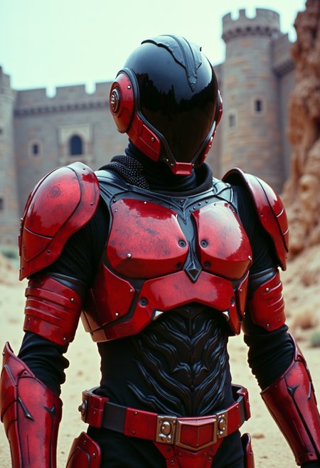 low quality 1980 movie screengrab,  cinematic, black, A vivid portrayal of a humanoid figure, possibly a robot or alien, set against a vast, barren landscape. The figure is adorned in a striking red and black armor, with intricate patterns and textures that appear to be made of a combination of metal and plastic. The armor is detailed with sharp, angular designs, and the helmet has a sleek, modern design with a glossy finish. the background is standing out against the dark fantasy castle walls , film grain, lowres, blurry