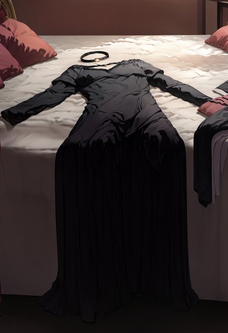 Prompt,
score_9,score_8_up,score_7_up,source_anime, <lora:clothes_removed:1.2> clothes removed, no humans,choker laying on bed,black dress on bed,long dress,bed,<lora:Hoseki_BocchiTheRock_Pasan_PDXL_v2:0.3>,
