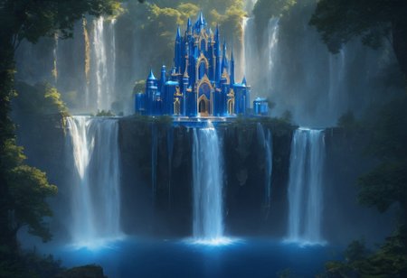 a floating castle in the air, a waterfall flows from the castle to the ground, epic composition, detailed, parts of the castle are made of deep blue crystal, intricate,