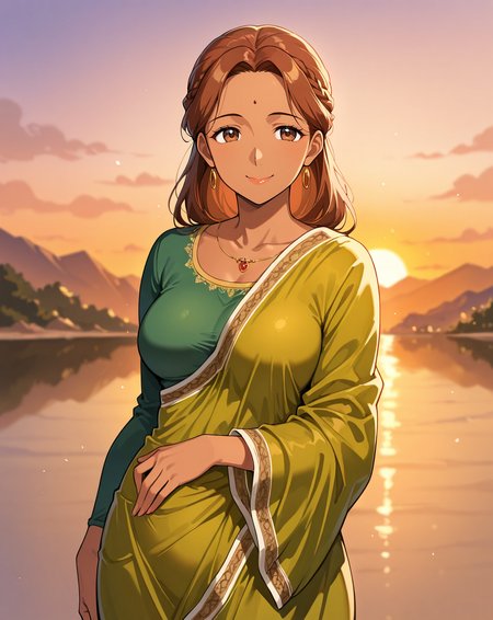 perfect quality, best quality, masterpiece, 1girl, solo, outdoors, sunset,
smile, Classic French Braid, Mahogany hair, brown eyes, mature female, medium breasts, dark skin,
indian clothes, bindi,
<lora:saree_illustrious:1>, saree, Blanched almond saree,