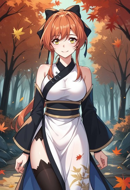 score_9, score_8_up, score_7_up, score_6_up, source_anime,Xuanyu, Xuanyu dress, yellow eyes, red orange hair, hair bow, bare shoulders, detached sleeves, sash, thighhighs, seductive pose, smile, forest, autumn, fallen leaves,