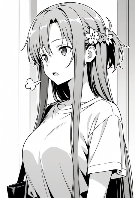 masterpiece, best quality, high resolution, source_anime, highly detailed illustration, detailed eyes,  
very aesthetic, absurdres, newest, amazing quality, 
asuna \(sao\), sword art online style,
<lora:shiExSighV1ill:1>,  shisigh, sigh, puff of air, 1girl, solo, long hair, open mouth, shirt, hair ornament, hair between eyes, upper body, monochrome, flower, greyscale, hair flower, bag