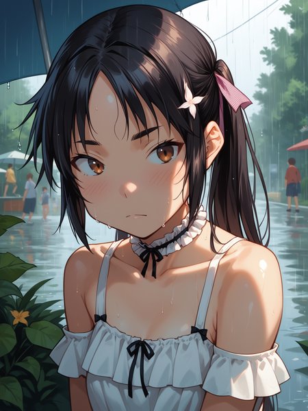 (, solo focus:1.2) <lora:happy_tentacle-hinata-v0.1-000060:1>, ht_hinata, black hair, brown eyes, (petite:1.2), <lora:Shed_The_Skin's StS_age_slider_v1_initial_release:-1.2> ( (frills :1.1) ( choker :1.1) :1.1) ( ( head tilt :0.8) , , ( flustered :1.2) , , (looking down:1.2) :1) , outdoors, vegetation, (overgrown :1.1), summer , (day :0.6), rain , (:0.5), people , ( :0.9) ( :0.8) score_9, score_8_up, score_7_up, score_6_up, score_5_up, score_4_up, ( [(realistic, photorealistic:1.3):(realistic:1.2):16] [(3d:1.2)::14] :1) <lora:LUUNA's Lunas-NijiJourney-SDXL-B2:0.35>, nijijourney <lora:prgfrg23's Counterfeit-V3.0 Style SDXL_LoRA_Pony Diffusion V6 XL:0.5> <lora:mfcg's mfcgXL:0.12> <lora:reweik's gyokai(himehajime)_PonyXL_style_v01:0.14>