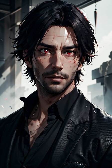 Master piece, highest quality, highest possible OverallDetail, Semirealism, red eyes,
Create an elder of a demonic sect.
The character looks like he is in his late twenties or early thirties. He is handsome.
He has black shoulder-length shaggy hair. 
His eyes are dark red. Detailed face.
