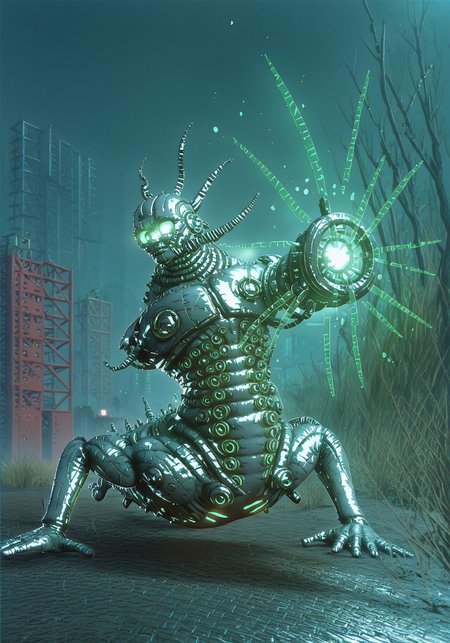 ((score_9, score_8_up, score_7_up)), masterpiece, perfect anatomy, wide shot, solo, biopunk, futuristic cyborg fallout_centaur, ferrous monster, smooth torso, grey metallic skin, metallic tentacles, digital eyes, two arm cannons, aiming at viewer, [green] glow, charging up, [grey] cannons, gloomy city, dark setting,  sw01p_xl