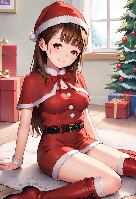 score_9, score_8_up, score_7_up, anime_source, source_anime, best background, detailed background, anime screencap, (best quality, ultra detailed), good eyes, perfect eyes, detailed eyes, detailed face, 
hideousbeing, hideousbeingStyle, 1girl, large breast, solo, brown hair, medium-long hair, straight hair, brown eyes, bangs, happy, looking at viewer, 
BREAK
<lora:sexy santa_pony_V1.1:0.7> belt, boots, capelet, christmas, dress, short dress, bare legs, hat, santa costume, santa hat, 
BREAK
sitting on the floor, ((wariza)), <lora:Wariza 2-000007:1><lora:Decorating_Christmas_Tree:0.8> living room, carpet, furniture, Christmas decorations on the wall, Christmas tree, presents on the floor, window, at night, snow falling outside.