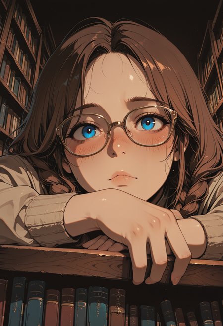 embedding:IllusP0s, codex sss chroma
1girl, solo, close-up, looking_at_viewer, glasses, library, bookshelf, brown_hair, braids, double_braids, blue_eyes, blush, dark_background