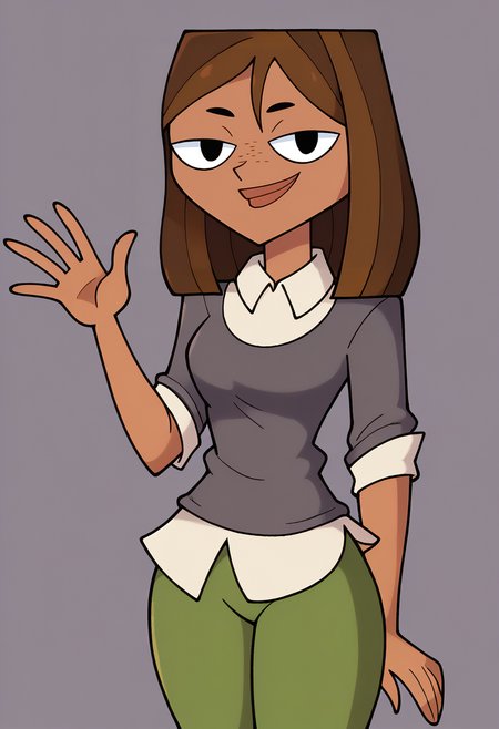score_9, BREAK <lora:stealthbrock-guy-PONYv1:1>, 1girl, solo,  <lora:courtneytd-guy-PONYv1:0.95> courtneytd, dark skin, freckles, grey shirt, collard shirt, sweater, sleeves rolled up, green pants, looking at viewer,