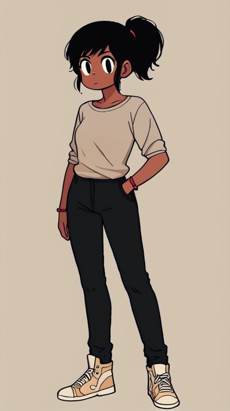 score_9, 1girl, solo, black hair, dark skin, dark-skinned female, ponytail, black eyes, full body, looking at viewer, <lora:Hazel:1>