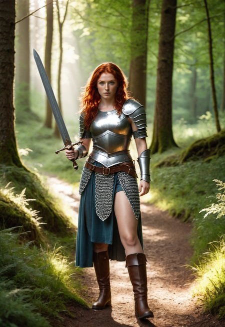 boudica, photo, standing on a forest path, holding sword, chainmail armour, fierce, battleworn, afternoon light, summer, uhd, 4k