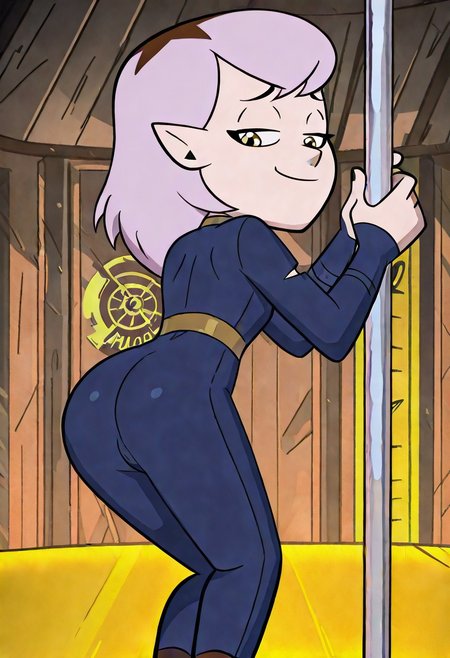 solo, 1girl, AmityBlightS3, ,Vault33COSIL,bodysuit,blue jumpsuit,number,((((yellow lines)))),shiny,skin tight,fallout \(series\),fallout 4,  strip club, stripper pole, looking behind, smug, smile, ass, showing ass,