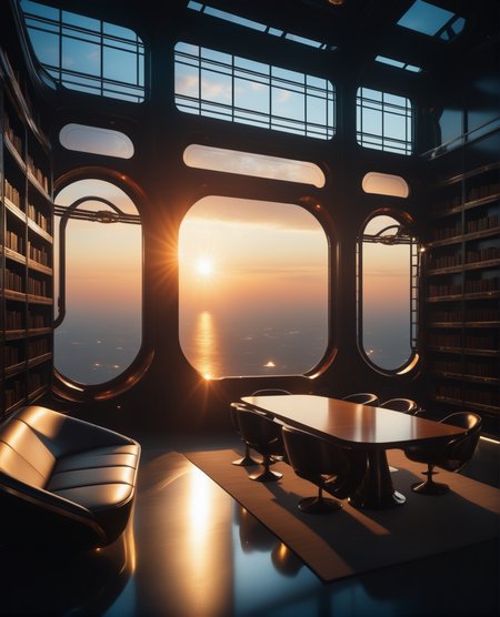 masterpiece, high quality, a reij-ebsu library, retro sci fi steampunk sunrise  <lora:ebony sunset-000001:0.9>