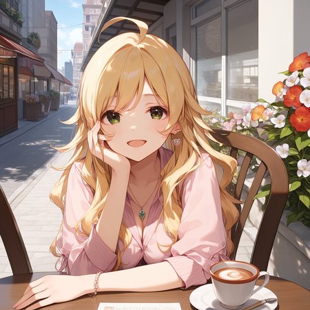 score_9, score_8_up, score_7_up, score_6_up,
<lora:Expressive_H:1.0>, uncensored,
1girl, <lora:KisaragiChihaya_pony_v1:0.9>, hsimk, long hair, blonde hair, bangs, ahoge, green eyes, large breasts,
pink shirt, (denim pencil skirt, miniskirt:1.1), earrings, necklace, bracelet,
day, city, cafe, window, street, Terrace seats,chair, table, outdoors,
cafe with cute atmosphere, flower, Foliage plant,
tea time,  tea cup, strawberry shortcake, latte art,
sitting,
hand on own face,
upper body, pov,
smile, open mouth,  half-closed eyes,  (nose blush:1.2),  looking at viewer,
from above,
masterpiece, best quality,