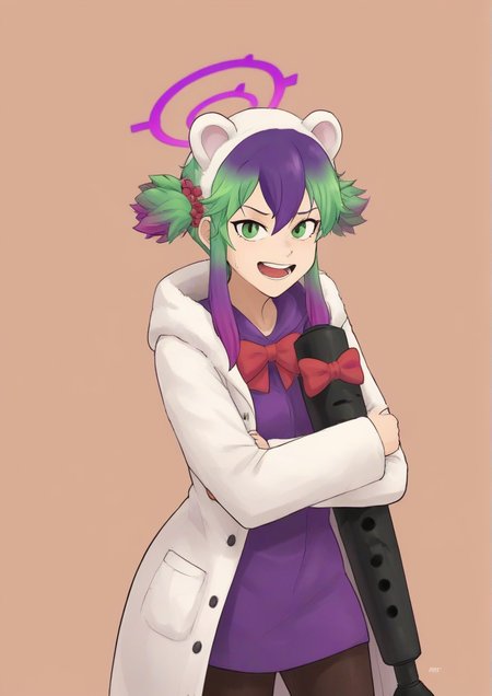 zPDXL3,1girl, momiji (blue archive), animal costume, bear costume, black pantyhose, bow, coat, cowboy shot, fur-trimmed coat, fur trim, green eyes, green hair, halo, hood, hood up, hooded coat, hugging object, long hair, long sleeves, looking at viewer, multicolored hair, open mouth, pantyhose, purple hair, red bow, rocket launcher, short hair with long locks, sleeves past fingers, sleeves past wrists, smile, solo, twintails, two-tone hair, weapon, white coat, winter clothes  <lora:MeltMewNaw:1>