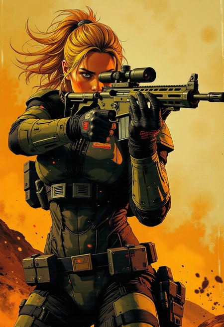 In the style of ff-td, nistyle, Silhouette Art, magnificent, Inkplash art on rice paper, sepia, henna , masterpiece, best quality,high quality, newest, highres,8K,HDR,absurdres, female space marine, loose blonde hair with dark highlights, aiming sniper rifle, aiming at target, red laser sight, power armour, high-tech scope, arid battlefield, focused, determined expression, dynamic pose, cinematic shot, dutch angle