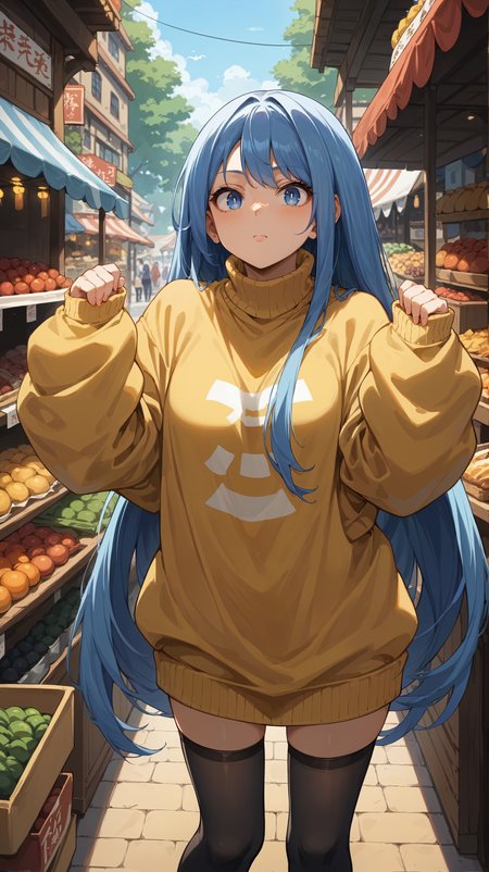 score_9,score_8_up,score_7_up,score_6_up, <lora:xl_more_art-full_v1:0.5>, source_anime, girl, dynamic pose, arm at her side,  <lora:Nejire Hado - Pony-000004:0.8>, long hair, blue hair, blue eyes, oversized clothes, sweater, yellow sweater, miniskirt,  black thighhighs, market stall, market, looking around, upset, puffy cheeks, leaning forward,