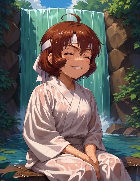 score_9,score_8_up,score_7_up,1girl,solo,sitting,waterfall,closed eyes,grin,
<lora:uedasuzuho_ponyXLV6:0.8>,cgus,
red hair + brown hair,short hair,ahoge,brown eyes,
headband,white japanese clothes,wet clothes