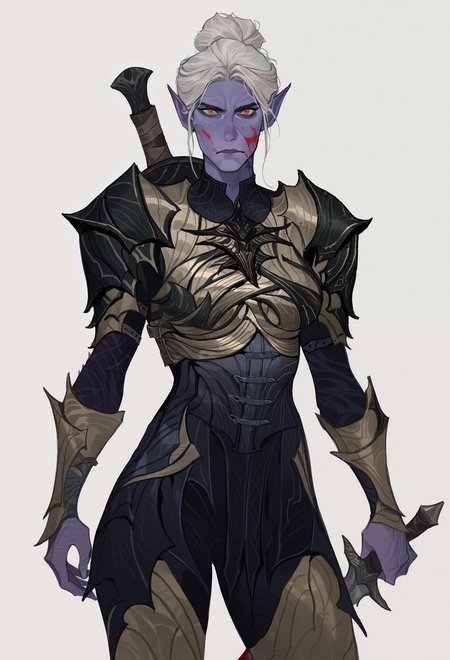 1girl, solo, white background, looking at viewer, lips, holding knife, blood on face, closed mouth, weapon on back, 
colored skin, purple skin, pointy ears, red eyes, hair bun, short hair, white hair, neck tattoo, medium breasts, yellow breastplate, shoulder armor, armor, undershirt, yellow greaves
masterpiece, best quality, <lora:AmiThompson-adafactor-guy90:1>, nosima, <lora:Minthara-NoobAi-1.1_V1-Manityro-CAME:1>