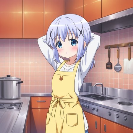 nsfw, masterpiece, best quality, amazing quality, 1girl, solo, is_the_order_a_rabbit_chino_kafu, standing, blue eyes, x hair ornament, blue hair, apron, arms up, looking at viewer, shirt, arms behind head, white shirt, short, indoors, sidelocks, yellow apron, collarbone, long sleeves, hairclip, parted lips, blush, kitchen, <lora:Chino_Kafu_-_Is_the_Order_a_Rabbit:0.7>