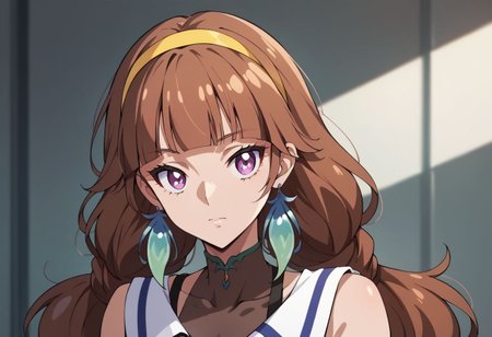score_9, score_8_up, score_7_up, source_anime,
Amanogawa Kirara, brown hair, blunt bangs, long hair, low twintails, yellow hairband, purple eyes, kiara_default