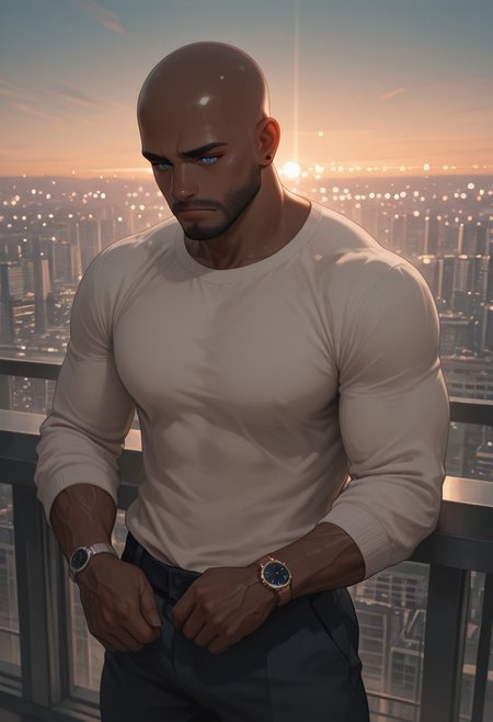 masterpiece, best quality, amazing quality, absurdres, newest, detailed background, definition so sharp, Ultra-HD, 8K cinematic, very awa, impressionate, amazing quality, highres, 
1boy, mbti_estj, muscular man, mature man, bald, dark skin, facial hair, blue eyes, watch, solo, balcony, city lights \(bokeh\), twilight, soft ambient light, overlooking cityscape, pensive, relaxed, smart casual, warm atmosphere, tranquil urban, high quality, atmospheric, aesthetic