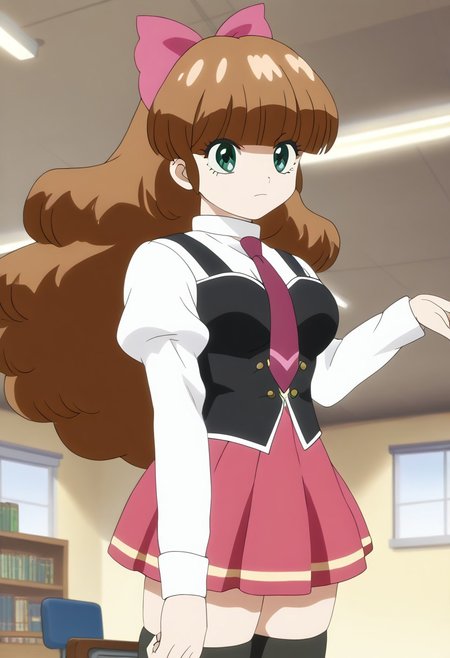 score_9, score_8_up, score_7_up, source_anime, 1girl, solo, <lora:azusa.pony:1>, azusa, anime coloring, long hair, green eyes, brown hair, blunt bangs, large breasts, library, <lora:bible_black_uniform_xl_v3:1>, school uniform, white shirt, black vest, black thighhighs, red skirt, red necktie, anime coloring,anime screencap, sexy pose