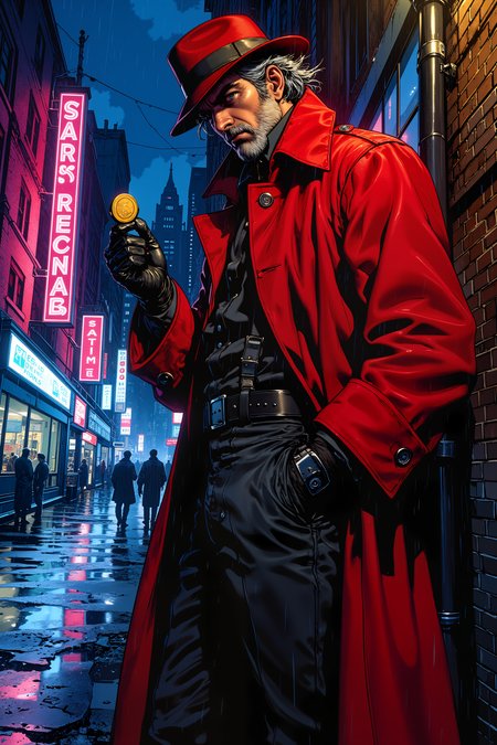 A dark alleyway glows in the rain-soaked night as a lone figure in a deep red trench coat leans against a flickering streetlamp, flipping a gold coin between gloved fingers. His storm-gray hair falls messily over sharp, calculating eyes that shine with an electric blue glow beneath the brim of his tilted hat. The long coat sways slightly in the breeze, revealing an all-black tactical suit underneath, complete with silver buckles and a twin set of custom revolvers holstered at his hips. A slow smirk tugs at his lips as he watches a group of would-be tough guys approach, thinking they have the upper hand. The neon signs above cast shifting colors across the wet pavement, reflections of pinks, blues, and purples swirling like oil in water. He exhales a breath of cold air, flicks his coin into the air, and before it even lands, his hands are already moving. , detailed background  Fantastic lighting. Detailed shadows.intricate details, vivid colors, hyper-detailed, ultra-sharp, , <lora:RetroAnimeFluxV1:0.4> <lora:Vintage comic book:0.7> <lora:MoriiMee_Gothic_Niji_Style_FLUX:1.0>