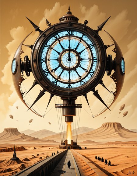 A surreal, dreamlike painting in the style of JarosÅaw Jasnikowski, depicting a gigantic mechanical insect-like cathedral walking across a cracked desert landscape. The cathedral is mounted on insect legs made of bronze and copper, with gears and steam vents along each joint. The architecture is gothic, with tall spires, stained glass windows glowing from within, and massive rotating clock faces embedded in its towers. In the background, a distorted horizon under a greenish-yellow sky, with floating islands and broken bridges suspended mid-air. A small group of cloaked figures watches the walking structure from the foreground, their long shadows cast across the dry, dusty ground. The entire scene is bathed in a surreal light, blending soft golds and dark shadows, giving it a mystical and post-apocalyptic atmosphere. Details are rich with fine mechanical engravings, absurd physics, and metaphysical symbolism, echoing Jasnikowskiâs signature surrealism and imaginative science-fiction fantasy.<lora:SDXLFaeTastic2400:0.4> <lora:extremely_detailed:0.4> extremely detailed, <lora:JarosÅaw_J4sn1k0wsk1_r1:1>,JarosÅaw J4sn1k0wsk1 <lora:JarosÅaw_J4sn1k0wsk1:1>, Masterpiece,best quality,hi res,8k,hi res,8k,award winning,(sharp focus, intricate, highly detailed),