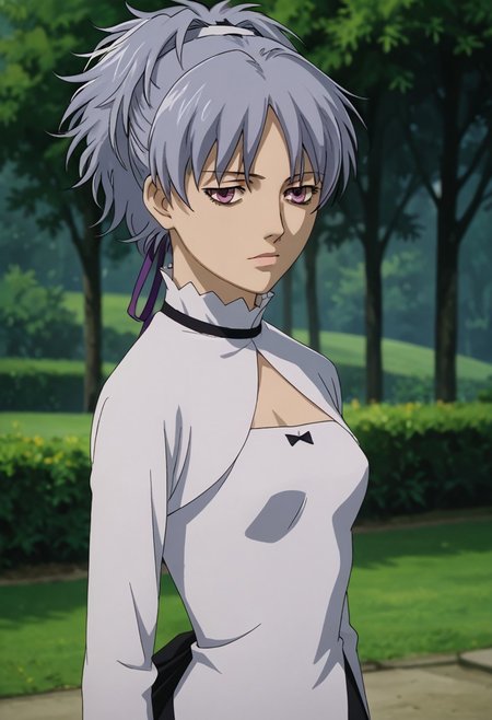 source_anime, D4RK3RTH4NBL4CK, DTB_Style,((score_9)),score_8_up,score_7_up,score_6_up,score_5_up,score_4_up, retro_artstyle, anime style, 1boy, yin_(darker_than_black), white_hair, purple_eyes, expressionless, dress, hair_ribbon, medium breasts, looking at viewer, facing viewer, masterpiece, best quality, highres, best illumination, depth of field, Artist style:komori_takahiro