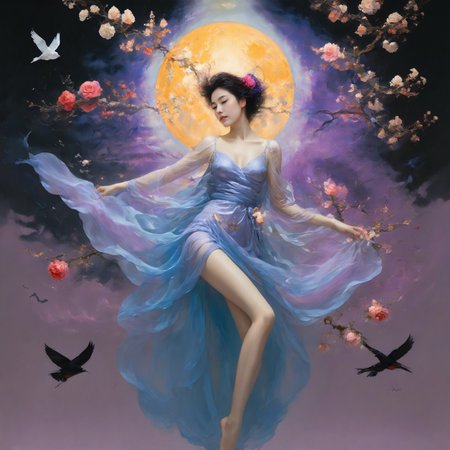 <lora:LangV2:0.85>, <lora:RuanV2:0.6>, <lora:KahoPonySRV1:0.9>, Kaho, pigeon, dress, rose, <lora:add-detail-xl:1.0>, 1girl, barefoot, solo, bare legs, dress, branch, flower, black hair, see-through, moon