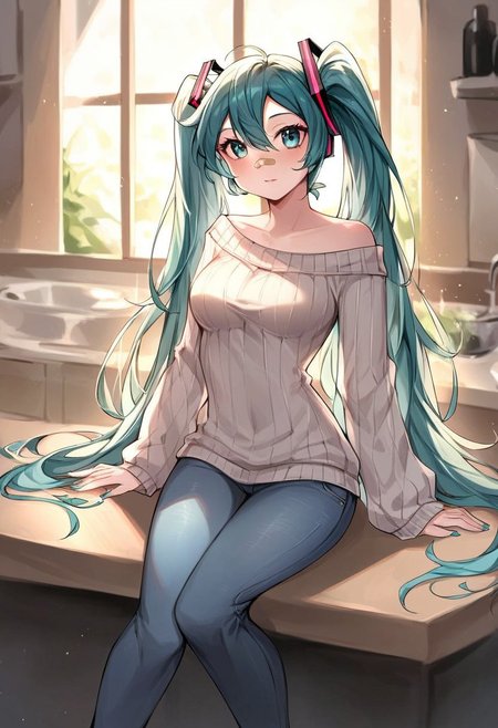 score_9, score_8_up, score_7_up, source_furry, solo, beautiful Hatsune Miku, (medium breasts, medium hips), oversized sweater, jeans, bandaid over nose, sitting on a table, in a kitchen, (detailed image, high resolution, 5k resolution:1.0), VikingStyle, easynegative, negative_hand