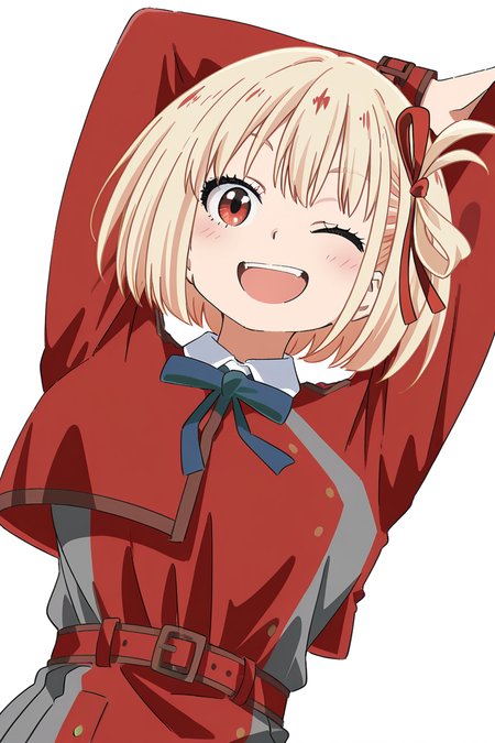 masterpiece, best quality, amazing quality,
 <lora:Cynical_IL:1> cynical, 1girl, lycoris uniform, blonde hair, one eye closed, solo, red eyes, ribbon, red ribbon, smile, hair ribbon, dress, red dress, grey dress, two-tone dress, short hair, arms up, red belt, bangs, blue ribbon, ;d, open mouth, looking at viewer, white background, neck ribbon, belt, chisato