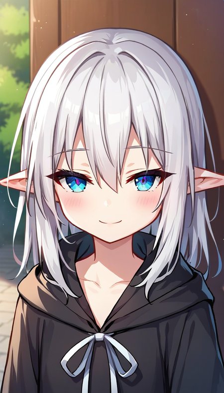 score_9,score_8_up,score_7_up,score_6_up BREAK official art,solo,outdoors,upper body,(portrait:1.5),looking at viewer,facing viewer,smile,blush,Death God,medium hair,white hair,pointy ears,sidelocks,hair between eyes,bangs,blue eyes,black robe,hooded robe,flat chest,long sleeves,white ribbon,zettai ryouiki,black thighhighs,boots,brown footwear,<lora:Death God(qswan)-Pony:1.3>,