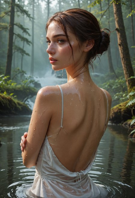 score_9, score_8_up, score_7_up,1girl, upper body, from back, brown hair, hair bun, looking at viewer, self hugging, wet white dress,  parted lips, in the water, small water source, in the middle of the forest, fog, morning,