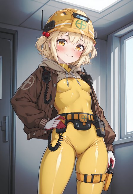 highres, best quality, masterpiece, indoors,
1girl, solo, nkliter, blonde hair, short hair, two side up, yellow eyes,
literdef, yellow helmet, hair bobbles, yellow bodysuit, skin tight, brown jacket, drawstring, open jacket, hood, hood down, walkie-talkie, holster, utility belt, belt, gloves, thigh strap,
looking at viewer, blush, smile,
standing, hand on own hip,
<lora:_liter_nikke-elesico-ilxl1:0.9> 
<lora:_pechimaru-sty-elesico-ilxl-29:1.2>