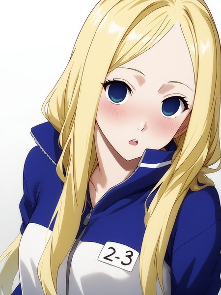 pixiv masterpiece, source_anime, score_9, score_8_up,  score_7_up, score_6_up, absurd res, BREAK
 <lora:Nino_arakawa_under_the_bridge_illu_v24-000017:1>, nino_arakawa_il, 1girl, solo, tracksuit, number_tag,  looking at  viewer, ,small breasts, blushing, surprised,  white background, simple background, hands_in_pockets, upper body