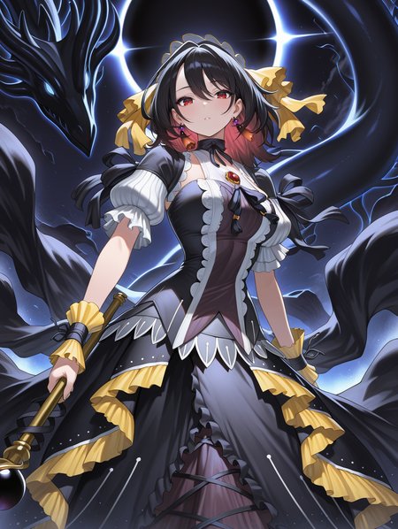 underworld goddess of the closed world,black princess dress,yellow short sleeves,1girl,solo,looking at viewer,staff,holding staff,yellow hairband,black dragon,red earrings,black frills,solar eclipse,
masterpiece,best quality,amazing quality,very aesthetic,absurdres,newest,<lora:underworld goddess of the closed world illuXL v1:0.75>,