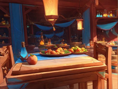 no humans, genshin impact, General, ririko \(fhnngririko\), dynamic angle, natlan, natlan, tavern, fantasy, scenery, table, chair, food, fruit, bottle, shelf, tablecloth, indoors, potion, crate, lantern, vegetable, masterpiece, best quality, absurdres, highres
