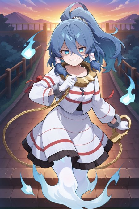 absurdres, highres, masterpiece, best quality, amazing quality, official anime artwork, screencap, anime screencap, outdoors, looking at viewer, evil smile, dynamic pose, 
 <lora:Mizuchi-Miyadeguchi_Illustrious:1> miyadeguchi mizuchi,  1girl, solo, blue eyes, blue hair, long hair, hair tubes, ponytail, ghost tail,, skull hair ornament, white gloves, white shirt, long sleeves, striped shirt, striped skirt, chain, cuffs, shackles, gold handcuffs, sleeve ribbon, red ribbon, 
blue flames, fire,
