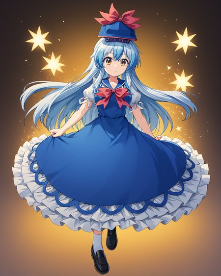 kamishirasawa keine,1girl, solo, hat, blue_dress, footwear_bow, book, pointer, puffy_short_sleeves, full_body, holding, shoes, black_footwear, food, parody, frilled_dress, cover, socks, blue_headwear
<lora:kamishirasawa_keine_image2095_2023-12-14-000010:1>,star-shaped_pupils,symbol-shaped_pupils,. gorgeous,key visual, vibrant, studio anime,award-winning, professional, highly detailed,high budget, cinemascope