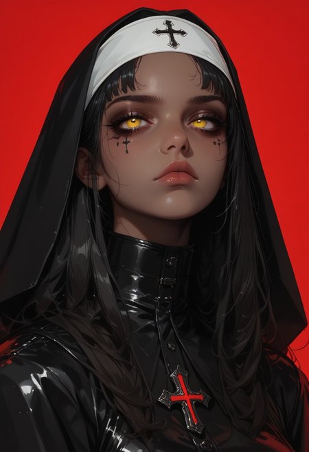 **masterpiece, score_9, score_8_up, hyper-detailed, 8K, full body illustration, regal medieval clothing, robe, long black hair, chromecore, red background, sinozick style, flat color, simple background, dark and blue tones, vibrant colors, colorful, expressionless,  yellow eyes, serious, dark vibes, dark fantasy, armor details, monochrome highlights, dark-skinned female, gradient effects, mythp0rt, polished textures, dramatic lighting, surreal elegance, intricate details, minimalistic backdrop, striking composition, ethereal glow, moody aesthetic** morimee_style, cute face, nun,latex,bdsm outfit, sinozick style, flat color, dark theme