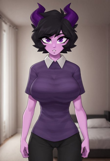 safe_pos, jellybean_yt, solo, round breasts, short hair, shirt, black hair, 1girl, bedroom, purple eyes, horns, striped, collared shirt, colored skin, striped shirt, large breasts, miniskirt, skinny, elzzombie style, dynamic pose, narrow waist, ((hand on hip, plunging neckline, cleavage)), cameltoe