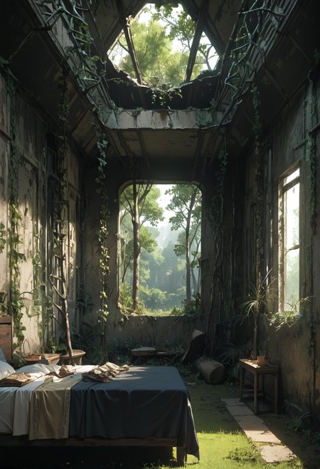 ,ruanyi0777,overgrown,tree,indoors,bedroom,ruins,<lora:0777 no one world_v1_pony:1>, score_9,score_8_up,score_7_up,,8k,1girl,solo,