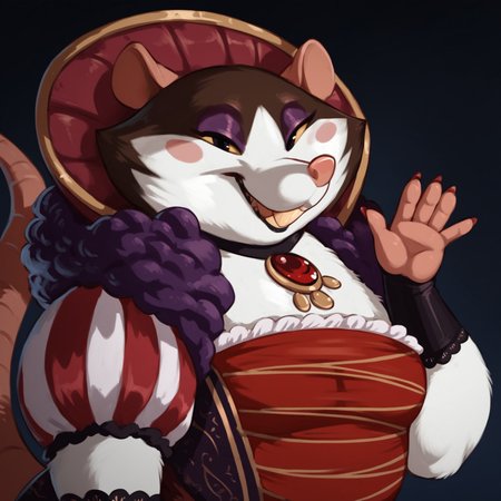 score_9, score_8_up, score_7_up, Expressiveh, masterpiece, best quality, highly detailed, realistic,  1girl, solo, (GriotteAM, furry, anthro, female rodent, female rat, blush marks, purple eyeshadow, yellow sclera, black eyes, pink nose, brown body, brown fur, white body, white fur, two tone body, two tone fur, rat tail, buckteeth, overweight female, dress, red jewel necklace), upper body, close-up, blue background, simple background, closed mouth, smile, looking at viewer, waving, 5 fingers, red nails, black armwear