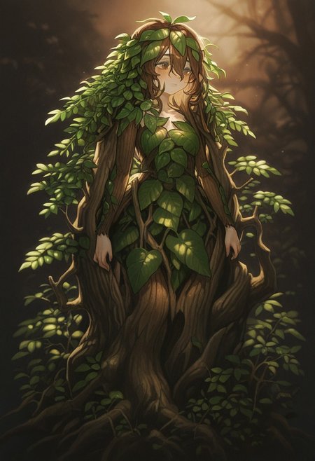 1 girl , Treant , monster girl ,wood grain , barkskin , leaf hair , wood body , 
masterpiece, best quality ,amazing quality , haruwosi ,