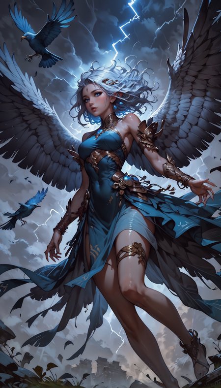 score_9, score_8_up, score_7_up,  1 girl, monster girl, bird girl, feathered wings, lightning aura, hovering among the clouds, air, gold jewelry, thigh strap, shiny skin, blush, beautiful face, blue eyes, white hair, floating hair, gentle breeze, white skin, blue sexy sheer dress, dutch angle, bottomless, pink fingernails, moonlight, stormlight, green leaves, flying leaves, lightning, wind, swirling wind currents, lightning bird,  <lora:Expressive_H-000001:0.8>, expressiveH    <lora:Fant5yP0ny:0.9>  <lora:Pony_DetailV1.0:0.9> <lora:Concept Art DarkSide Style LoRA_Pony XL v6:0.8> concept art,