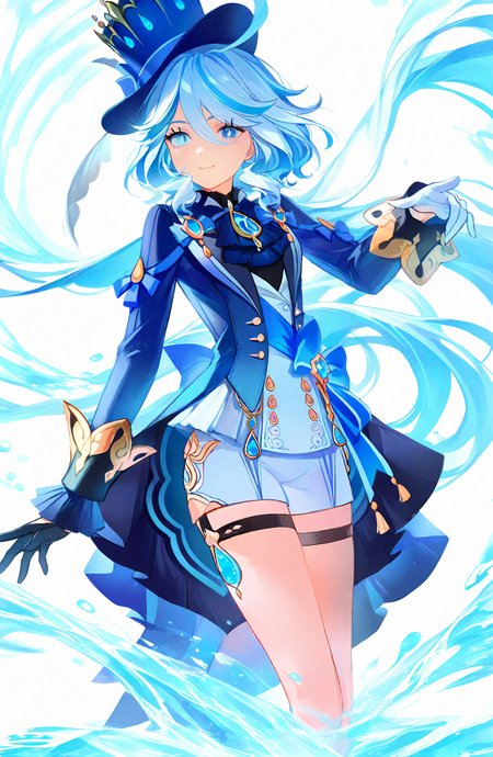 furina_\(genshin_impact\), 1girl, solo, long_hair, looking_at_viewer, smile, blue_eyes, long_sleeves, white_background, gloves, hat, hair_between_eyes, closed_mouth, very_long_hair, blue_hair, jacket, ahoge, multicolored_hair, shorts, black_gloves, white_gloves, water, ascot, thigh_strap, blue_jacket, blue_headwear, white_shorts, top_hat, light_blue_hair, asymmetrical_gloves, blue_gemstone, mismatched_gloves, blue_ascot, blue_brooch