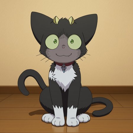 2d, 1boy, solo, Kuro, male, feral, feline, cat, animal ears, cat ears, black fur, small yellow horns, pale green sclera, green eyes, pink nose, white fur, white chest fur, two tails, white paws, red collar

BREAK sitting, looking at viewer, smile, happy

BREAK best quality, amazing quality, very aesthetic, absurdres, newest, masterpiece 