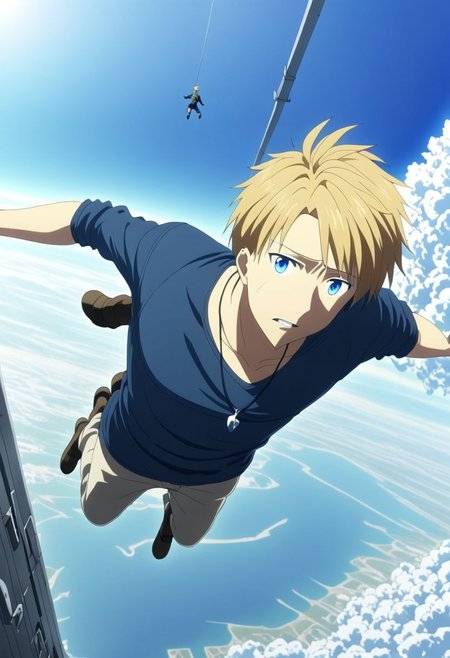 high resolution, solo, best quality, 1Boy, Yamato Ishida, Blond Hair, Blue Eyes, Necklace, free fall, sky , OverallDetail